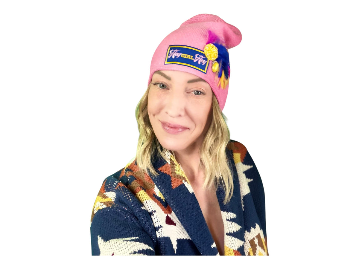 HEY Girl, HEY” Pink Patchwork Vintage Jeweled & Feather Embellished Designer Beanie