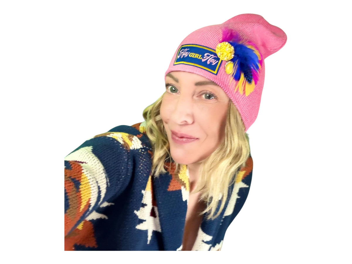 HEY Girl, HEY” Pink Patchwork Vintage Jeweled & Feather Embellished Designer Beanie