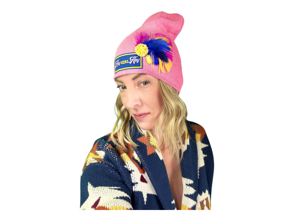 HEY Girl, HEY” Pink Patchwork Vintage Jeweled & Feather Embellished Designer Beanie
