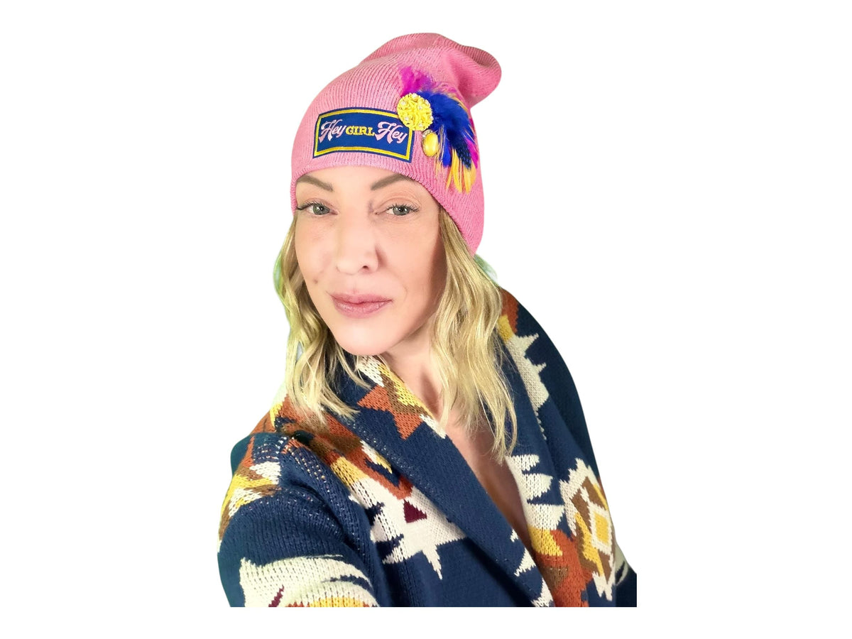 HEY Girl, HEY” Pink Patchwork Vintage Jeweled & Feather Embellished Designer Beanie