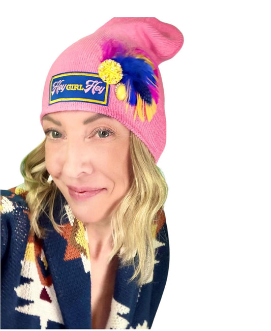 HEY Girl, HEY” Pink Patchwork Vintage Jeweled & Feather Embellished Designer Beanie
