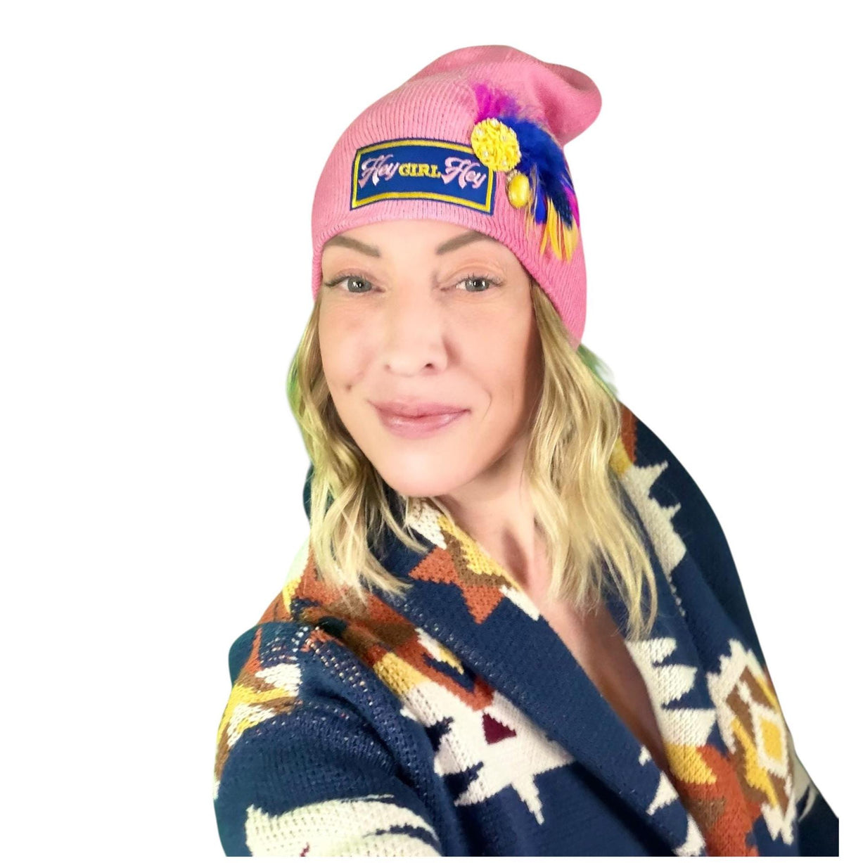 HEY Girl, HEY” Pink Patchwork Vintage Jeweled & Feather Embellished Designer Beanie