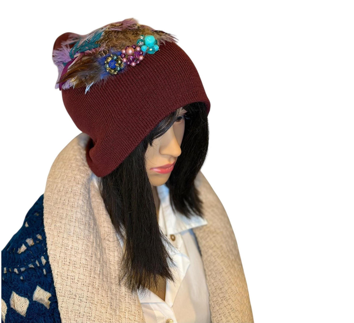 Purple Horizon at Sunset - Unique Sparkly Flapper Beanie - Feathered Winter Knit Hat