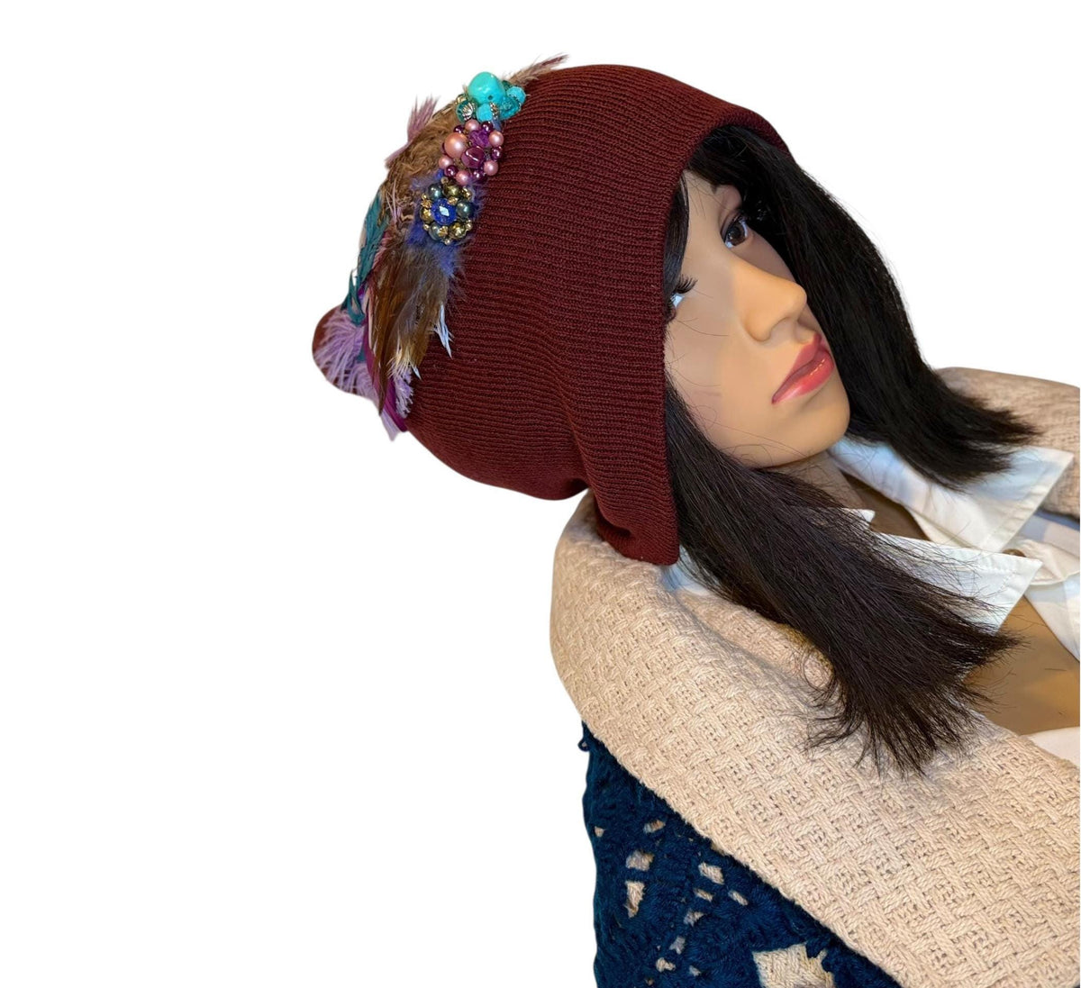 Purple Horizon at Sunset - Unique Sparkly Flapper Beanie - Feathered Winter Knit Hat