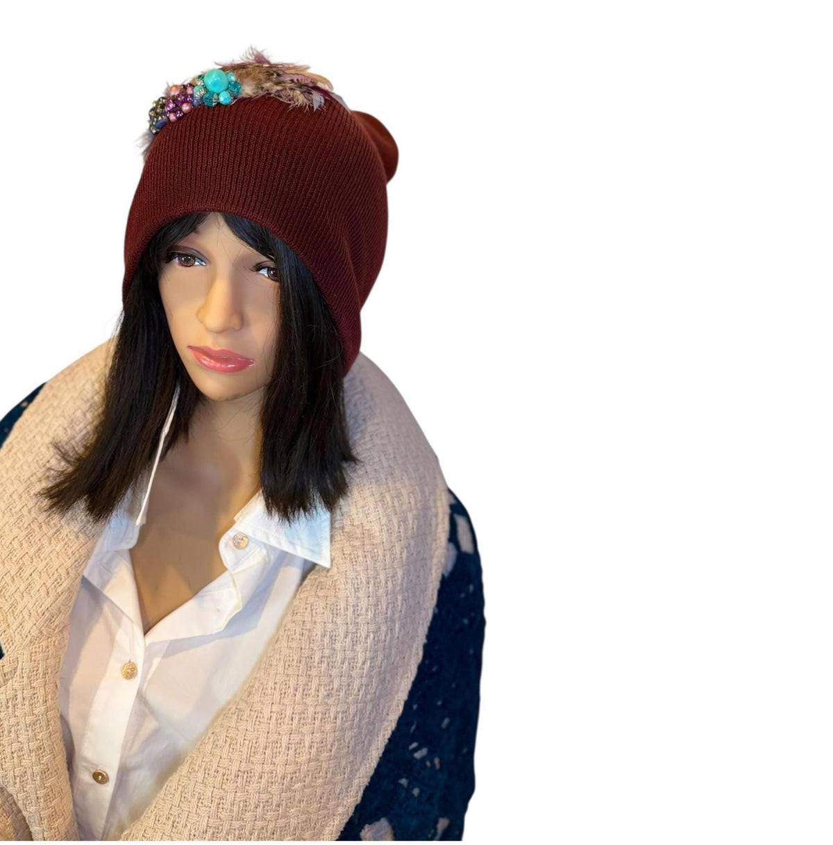 Purple Horizon at Sunset - Unique Sparkly Flapper Beanie - Feathered Winter Knit Hat
