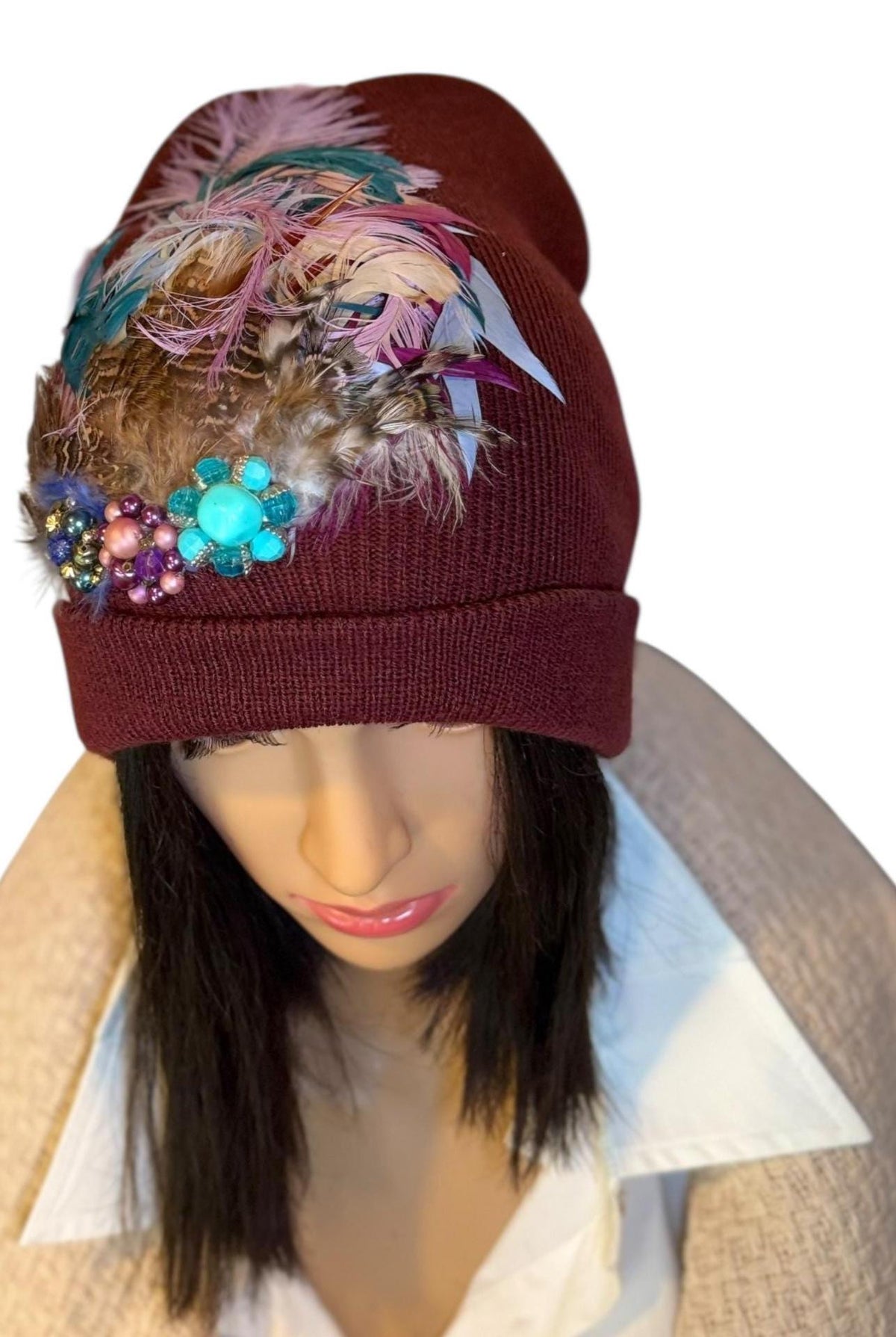 Purple Horizon at Sunset - Unique Sparkly Flapper Beanie - Feathered Winter Knit Hat