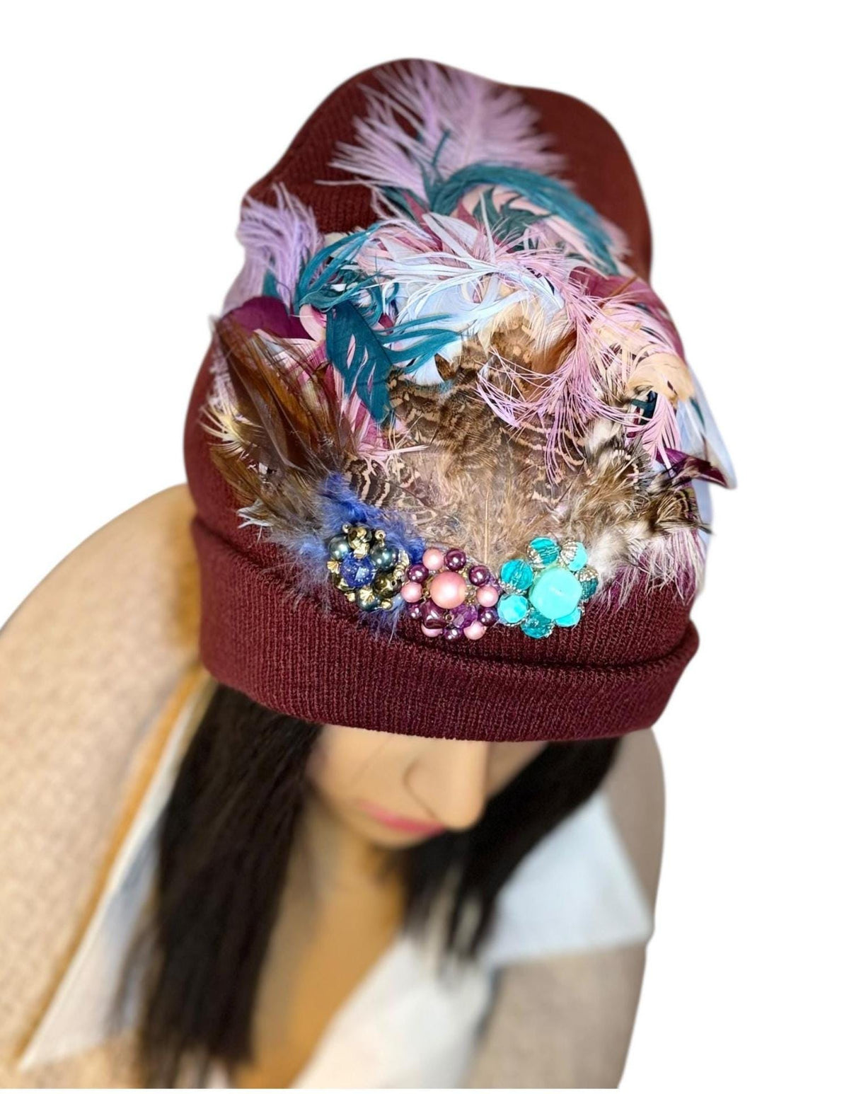 Purple Horizon at Sunset - Unique Sparkly Flapper Beanie - Feathered Winter Knit Hat