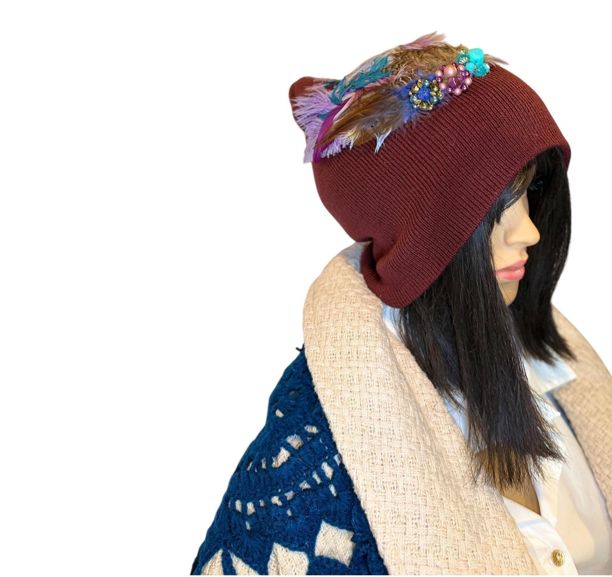 Purple Horizon at Sunset - Unique Sparkly Flapper Beanie - Feathered Winter Knit Hat