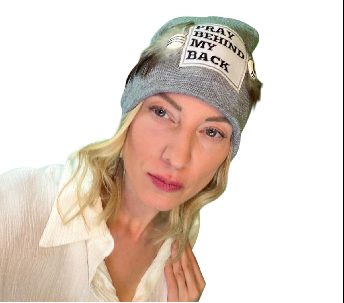 Sending A Message Stylish Statement “Pray Behind My Back” Patchwork Jeweled Fashionable Beanie