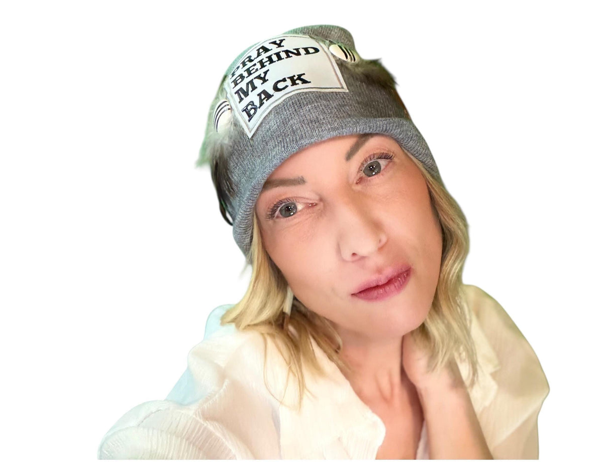 Sending A Message Stylish Statement “Pray Behind My Back” Patchwork Jeweled Fashionable Beanie