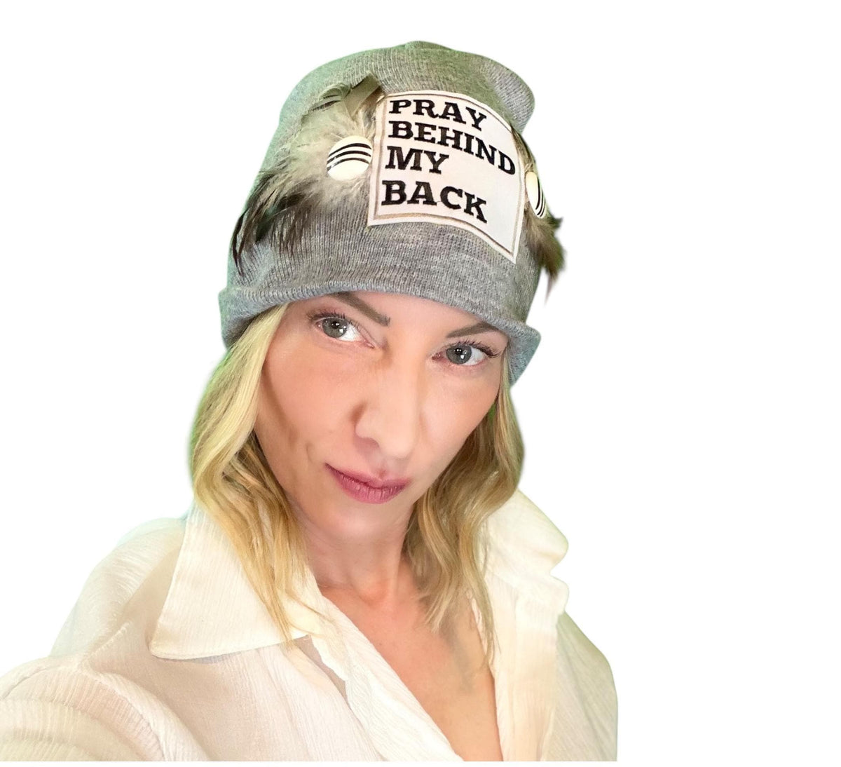 Sending A Message Stylish Statement “Pray Behind My Back” Patchwork Jeweled Fashionable Beanie