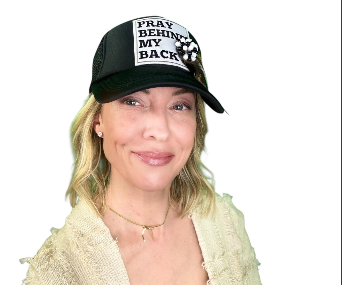 Be Nice “Pray Behind My Back” Patchwork Feathered & Jeweled Trucker Hat