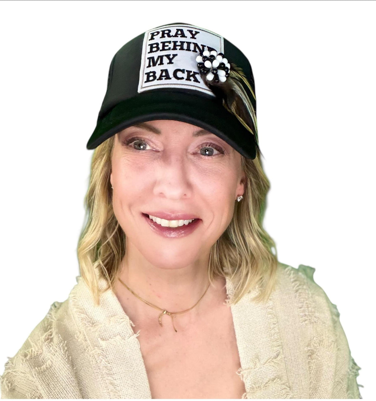Be Nice “Pray Behind My Back” Patchwork Feathered & Jeweled Trucker Hat