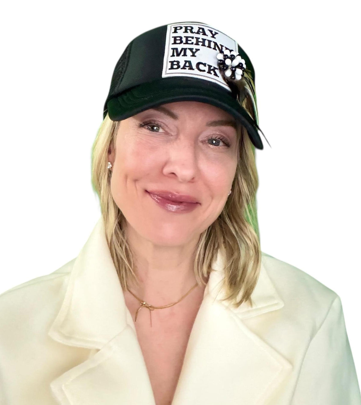 Be Nice “Pray Behind My Back” Patchwork Feathered & Jeweled Trucker Hat