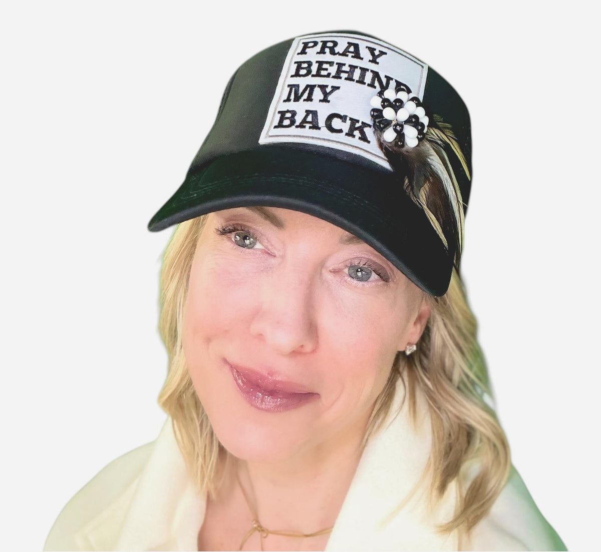 Be Nice “Pray Behind My Back” Patchwork Feathered & Jeweled Trucker Hat