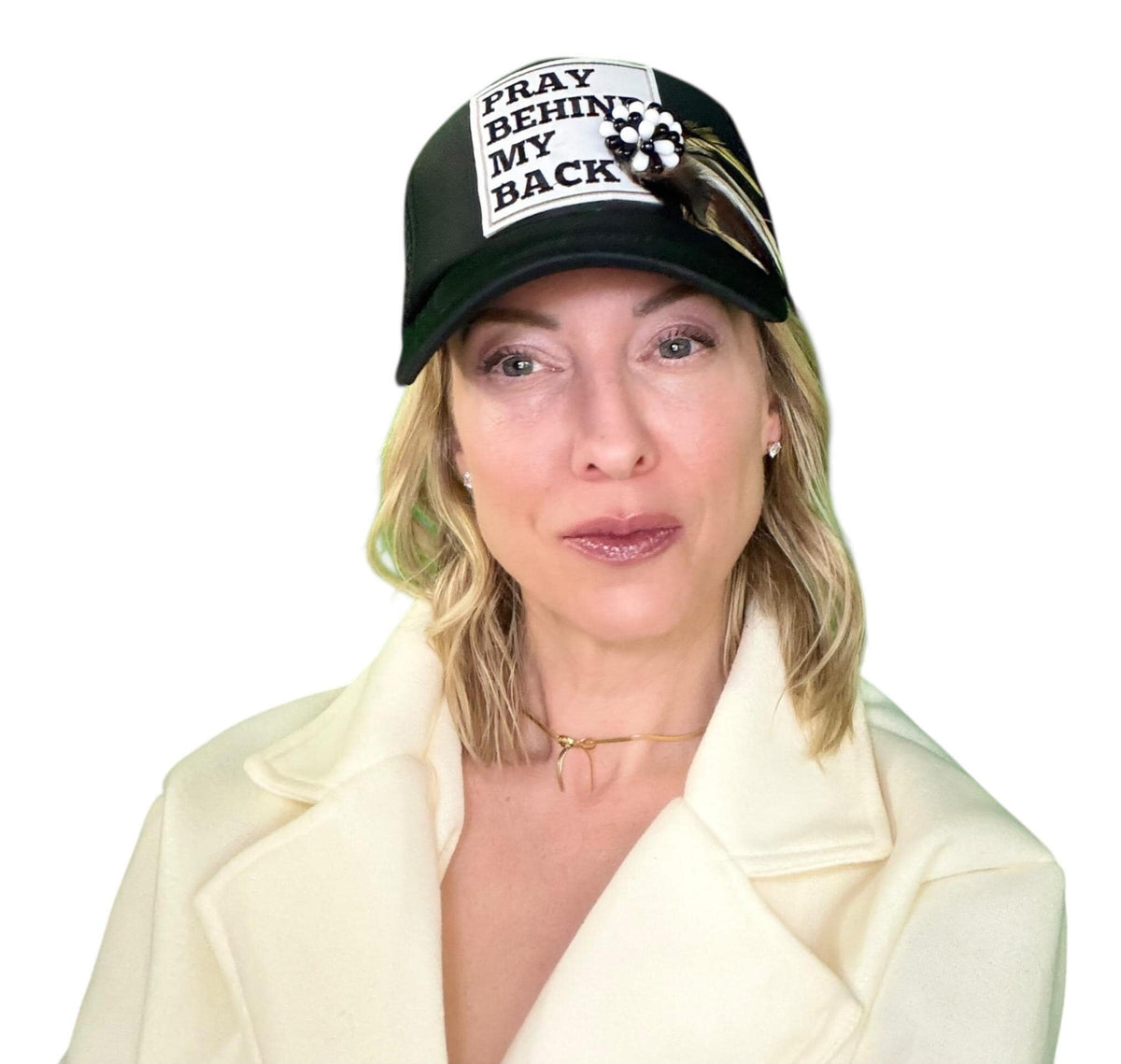 Be Nice “Pray Behind My Back” Patchwork Feathered & Jeweled Trucker Hat