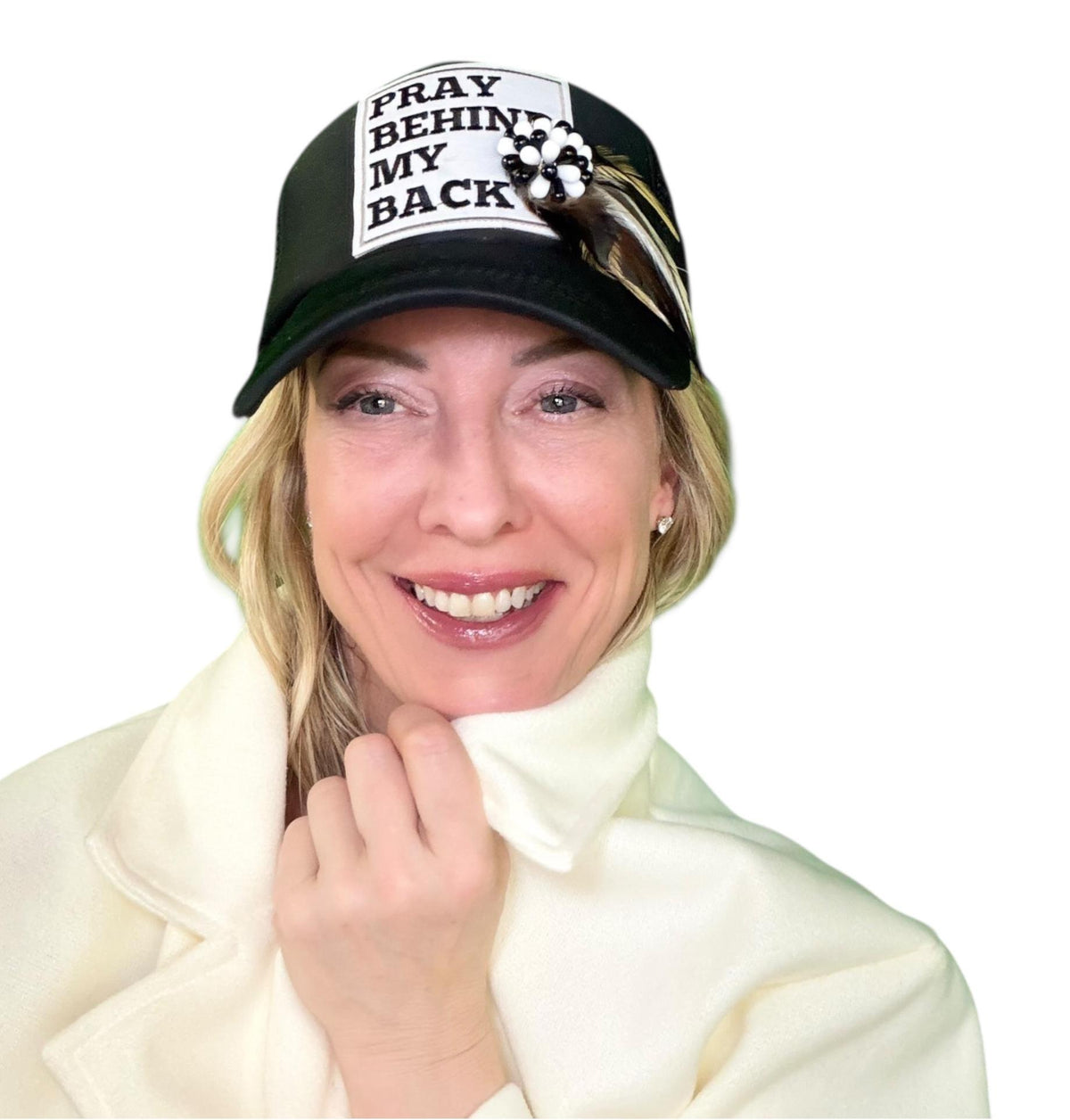 Be Nice “Pray Behind My Back” Patchwork Feathered & Jeweled Trucker Hat