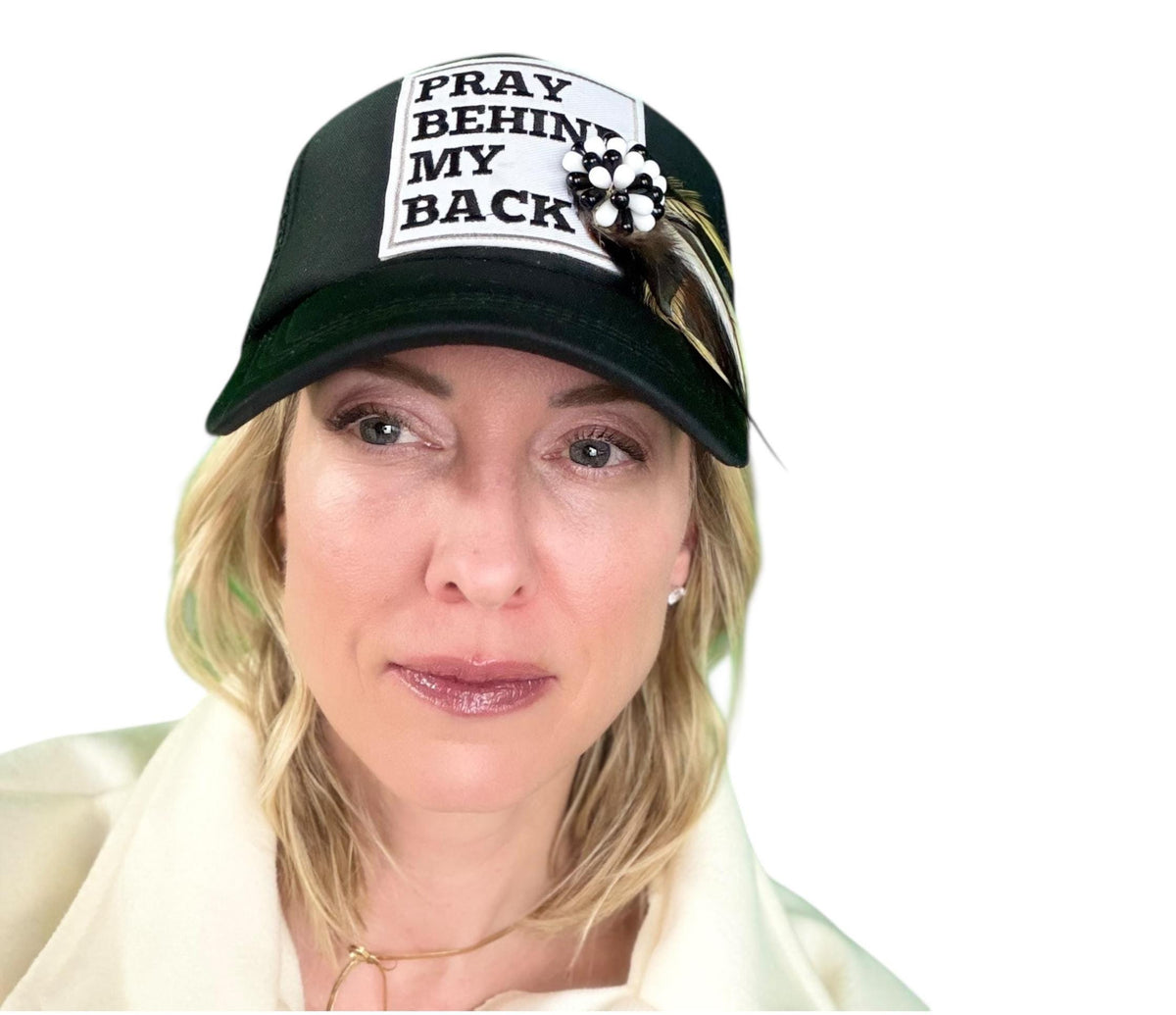 Be Nice “Pray Behind My Back” Patchwork Feathered & Jeweled Trucker Hat