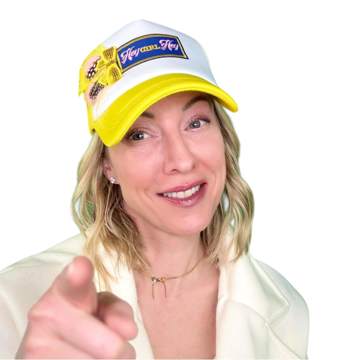 I See You Friendship “Hey GIRL Hey” Patchwork Feather & Jeweled Accented Trucker Hat