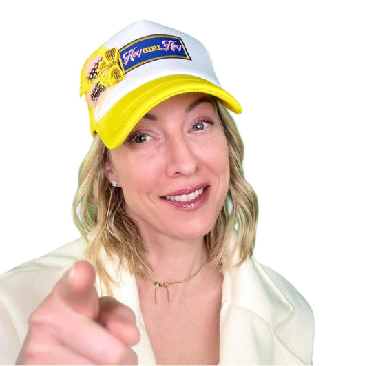 I See You Friendship “Hey GIRL Hey” Patchwork Feather & Jeweled Accented Trucker Hat