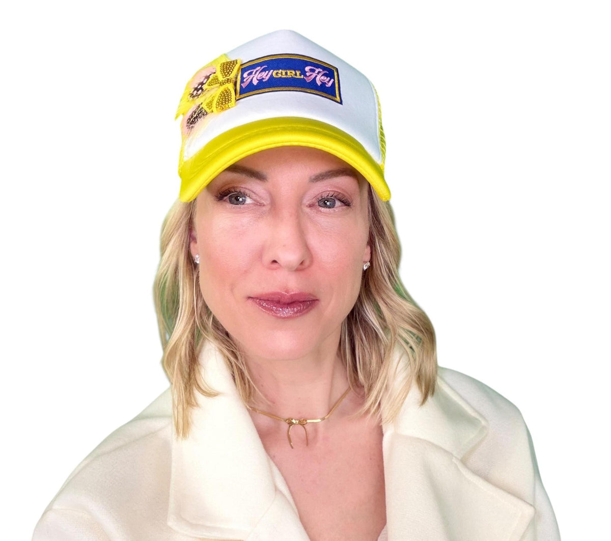 I See You Friendship “Hey GIRL Hey” Patchwork Feather & Jeweled Accented Trucker Hat