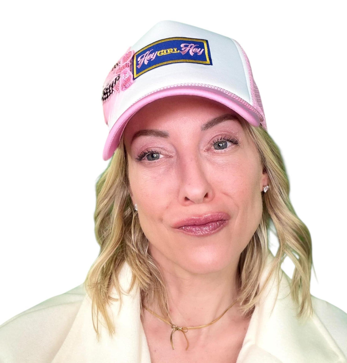 I See You Friendship “Hey GIRL Hey” Patchwork Feather & Jeweled Accented Trucker Hat