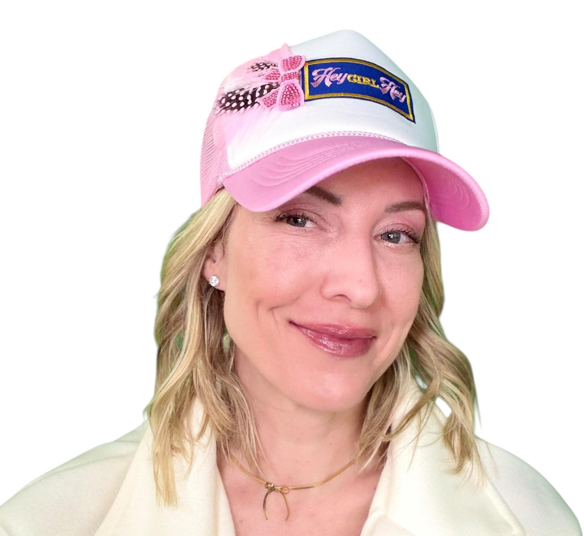 I See You Friendship “Hey GIRL Hey” Patchwork Feather & Jeweled Accented Trucker Hat
