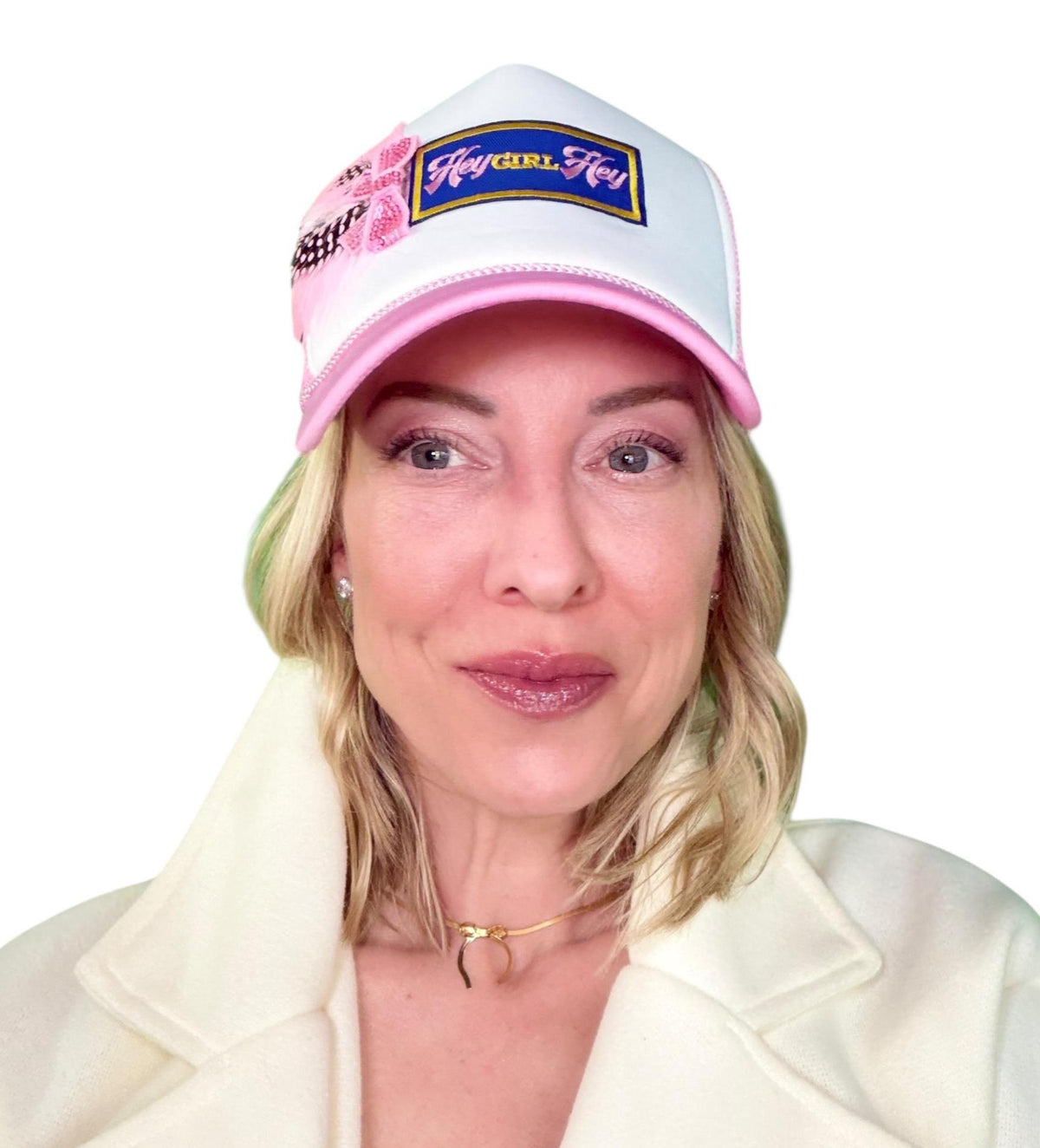 I See You Friendship “Hey GIRL Hey” Patchwork Feather & Jeweled Accented Trucker Hat