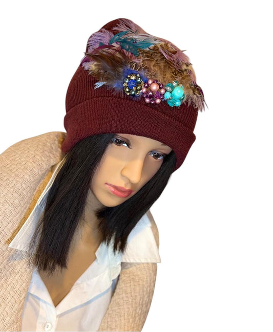 Purple Horizon at Sunset - Unique Sparkly Flapper Beanie - Feathered Winter Knit Hat