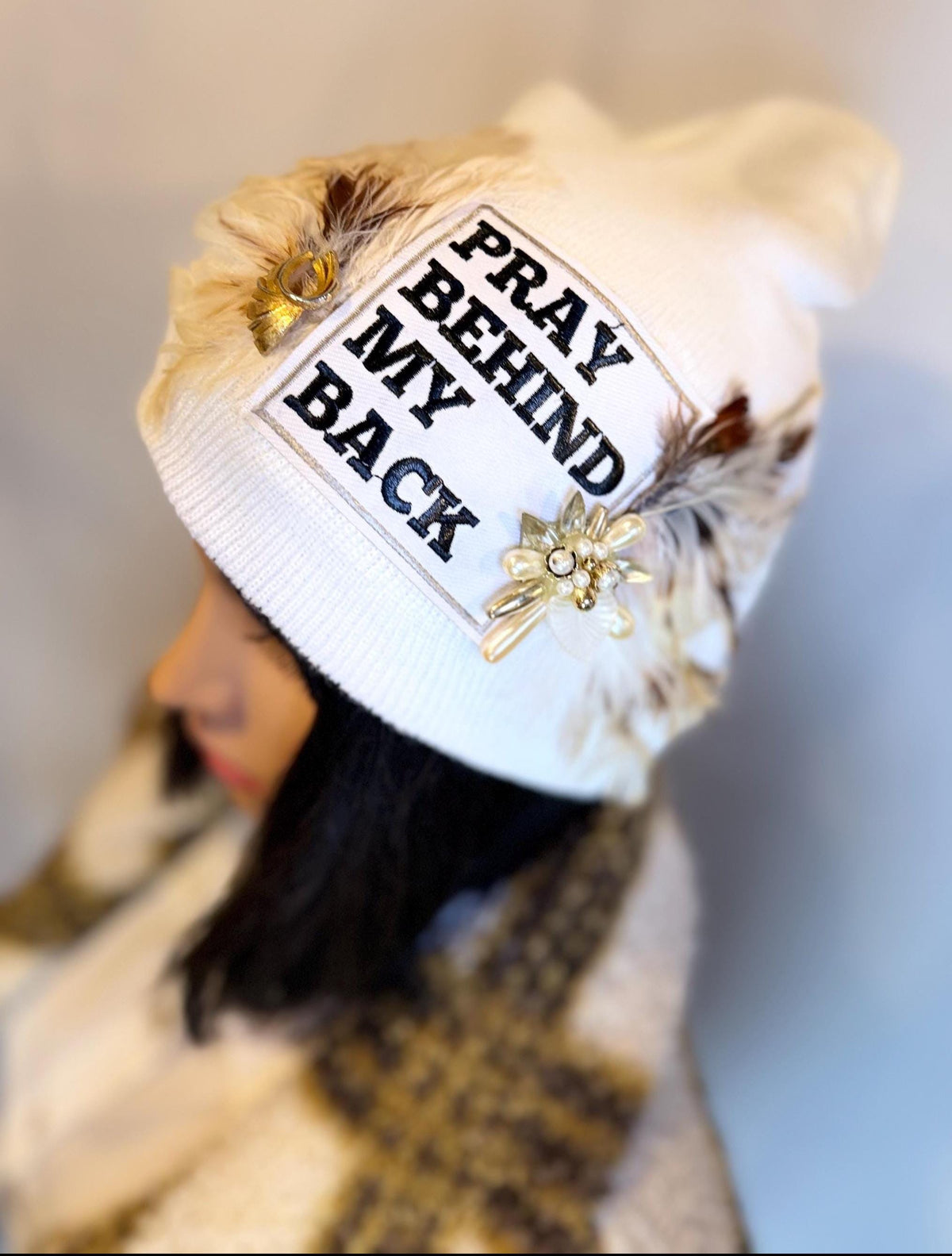 Sending A Message Stylish Statement “Pray Behind My Back” Patchwork Jeweled Fashionable Beanie