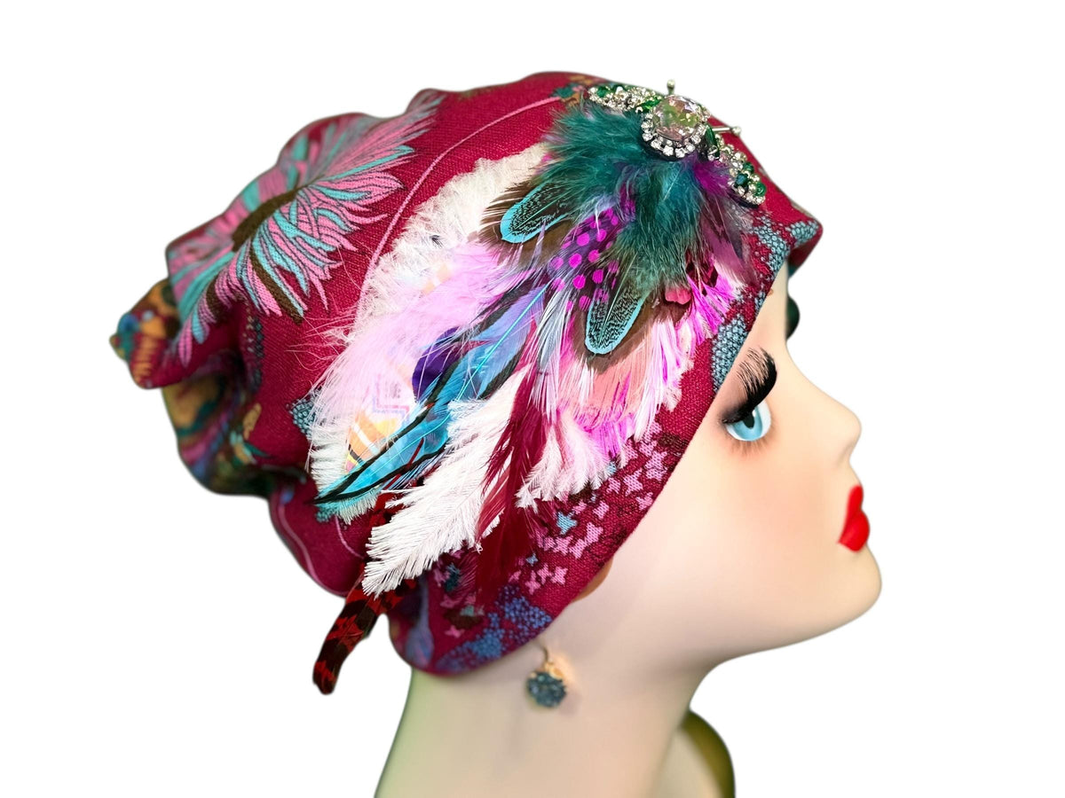 Elegant Roaring 20’s Vibe Feathered Jeweled Hat - Winter Flapper Beanie - Fashionable Skiing Hat