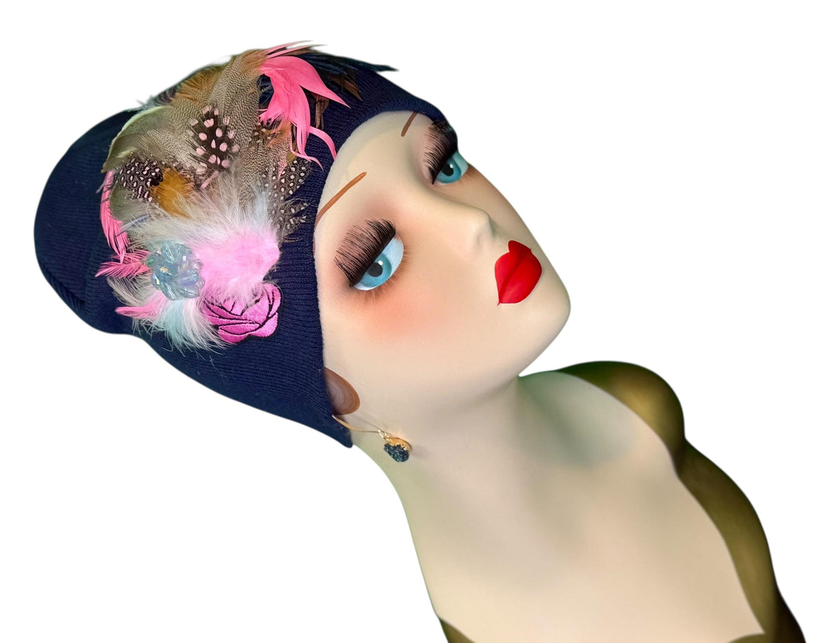 Periwinkle Roses Fashionable Feather & Jeweled Statement Winter Beanie - Luxury Skiing Hat
