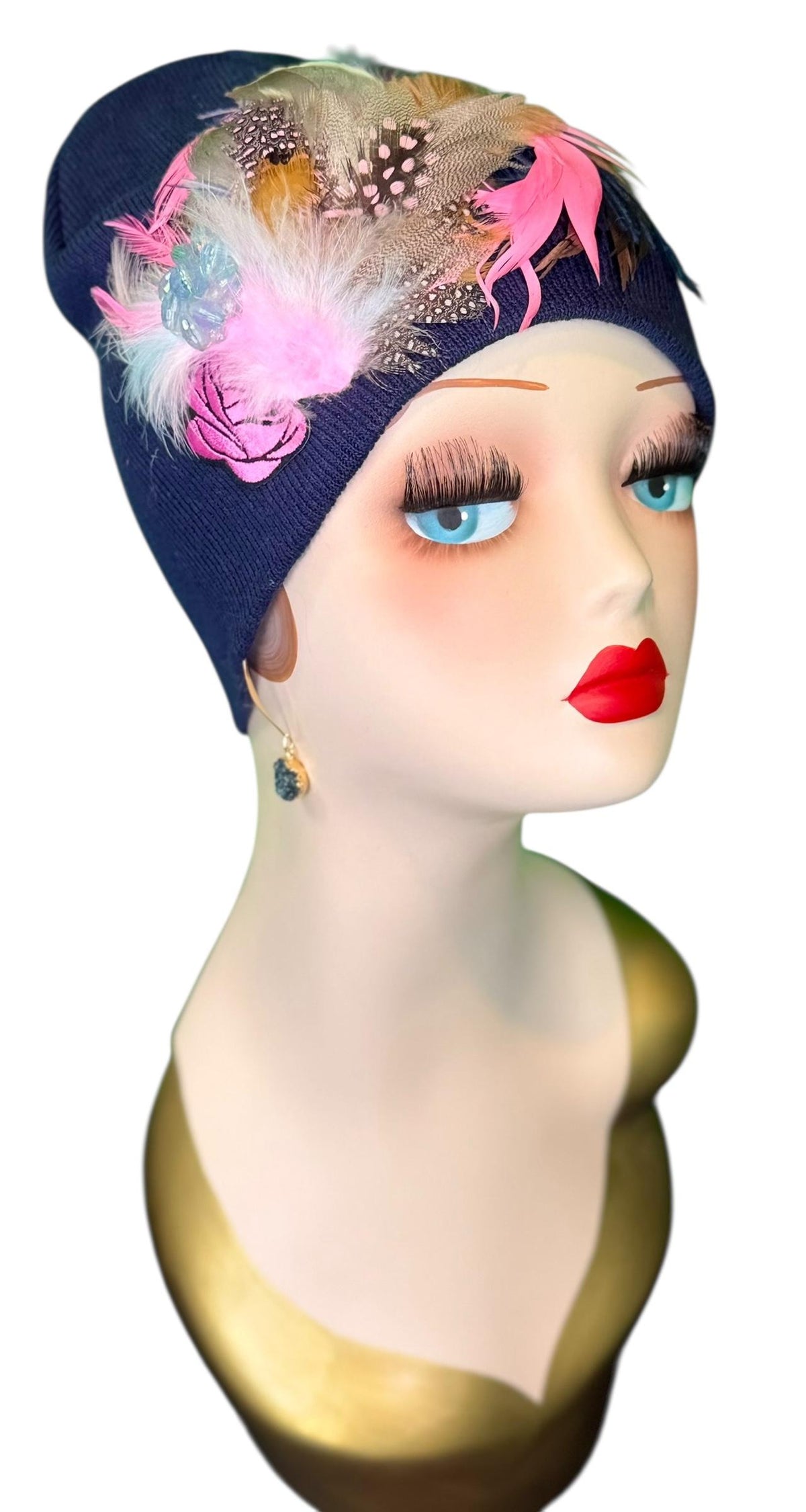 Periwinkle Roses Fashionable Feather & Jeweled Statement Winter Beanie - Luxury Skiing Hat
