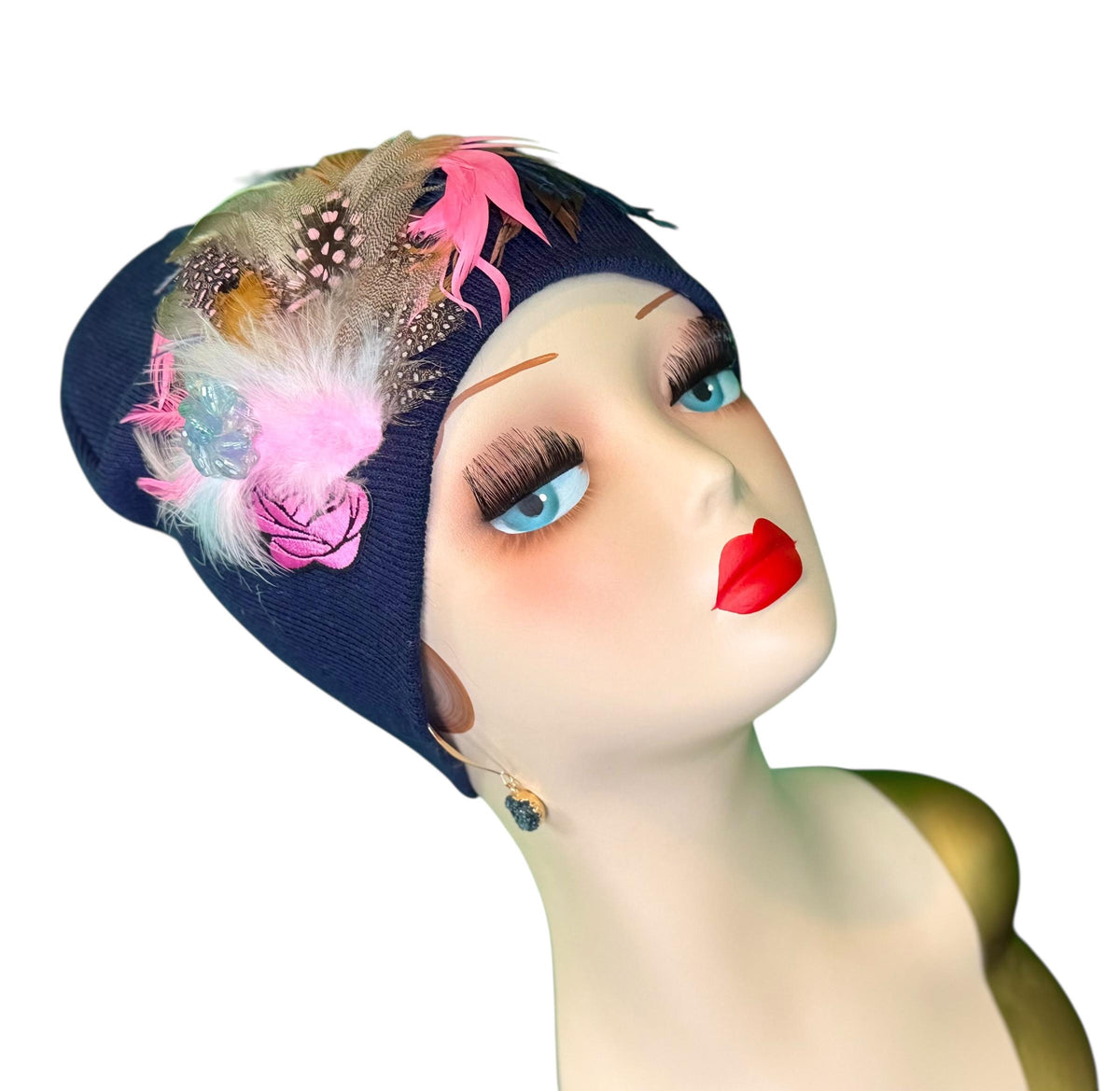 Periwinkle Roses Fashionable Feather & Jeweled Statement Winter Beanie - Luxury Skiing Hat