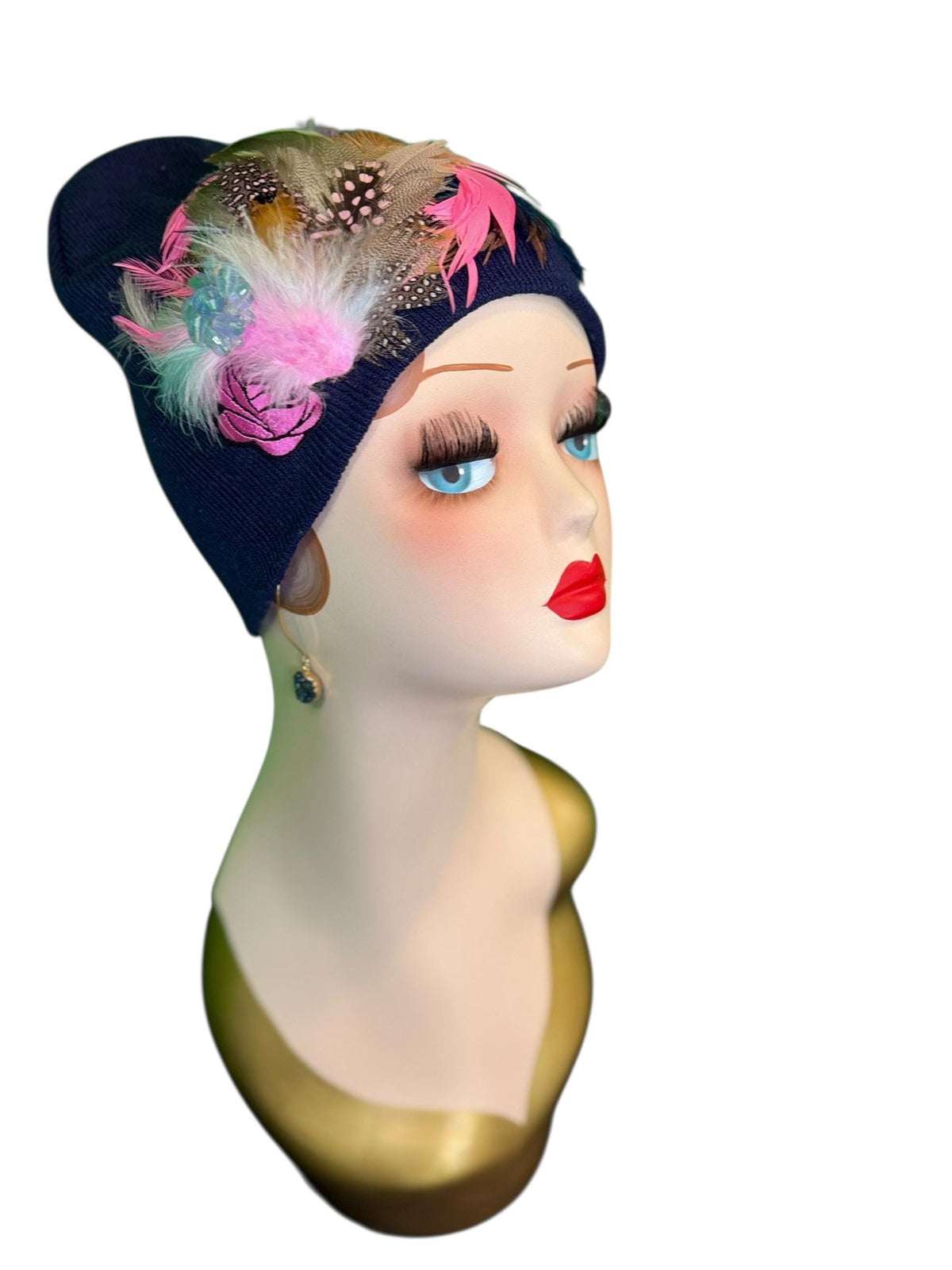 Periwinkle Roses Fashionable Feather & Jeweled Statement Winter Beanie - Luxury Skiing Hat