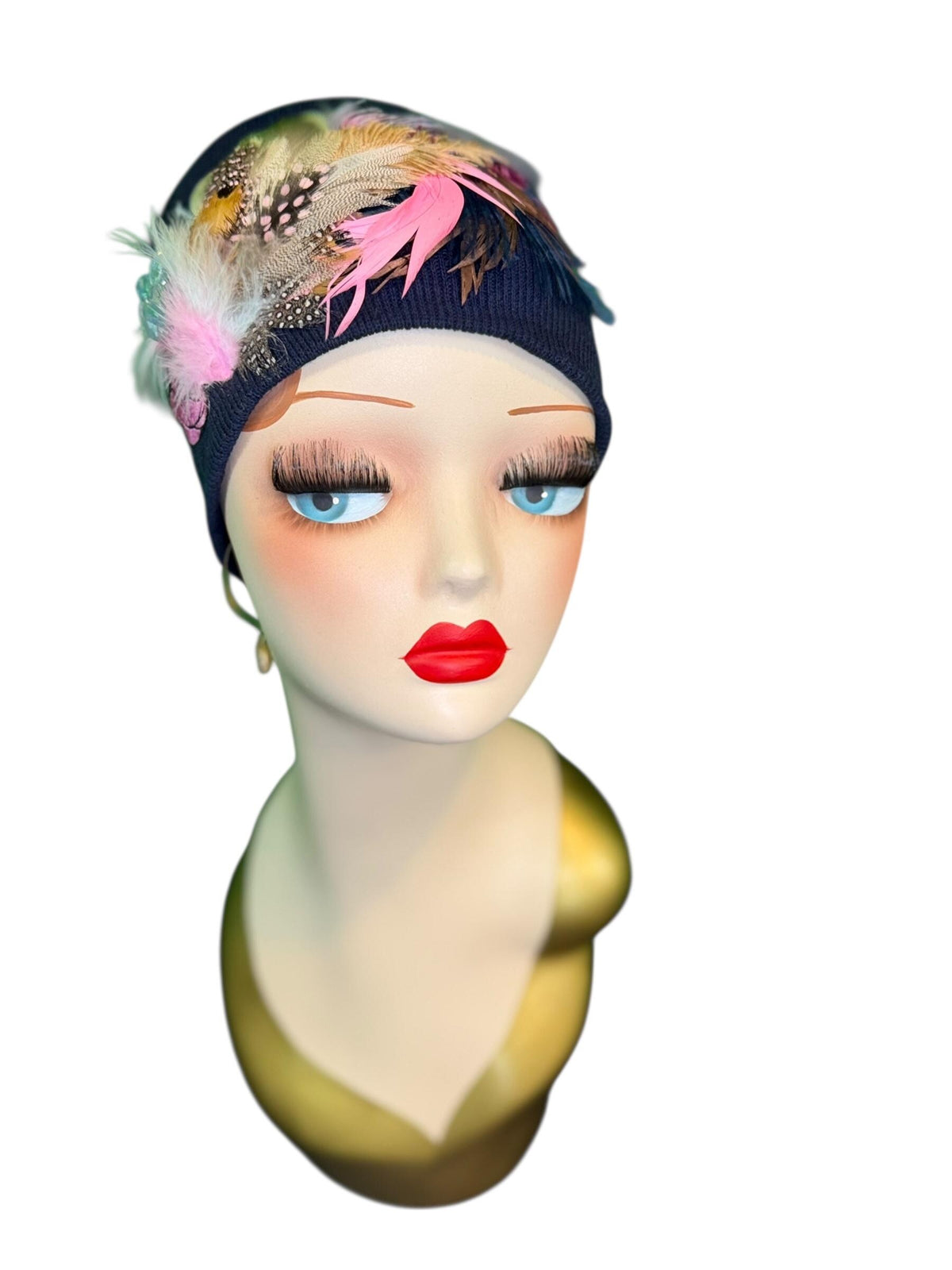 Periwinkle Roses Fashionable Feather & Jeweled Statement Winter Beanie - Luxury Skiing Hat