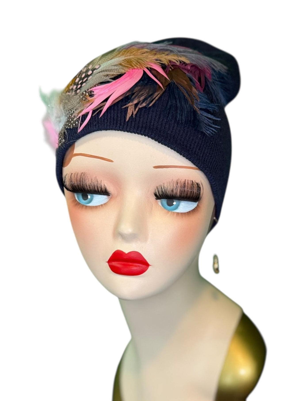 Periwinkle Roses Fashionable Feather & Jeweled Statement Winter Beanie - Luxury Skiing Hat