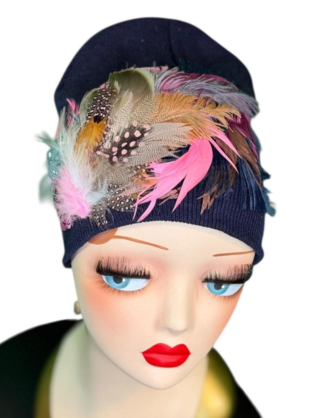 Periwinkle Roses Fashionable Feather & Jeweled Statement Winter Beanie - Luxury Skiing Hat
