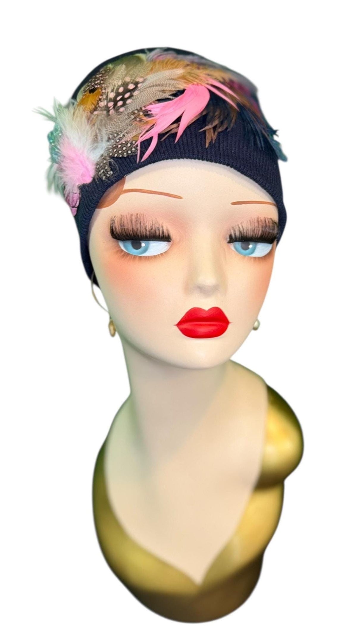 Periwinkle Roses Fashionable Feather & Jeweled Statement Winter Beanie - Luxury Skiing Hat