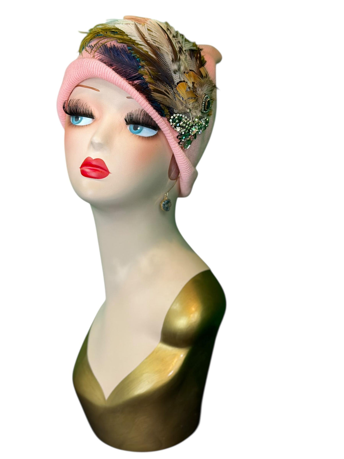Pink Bumblebee Glam Vintage Jeweled & Fancy Feather Embellished Winter Flapper Beanie
