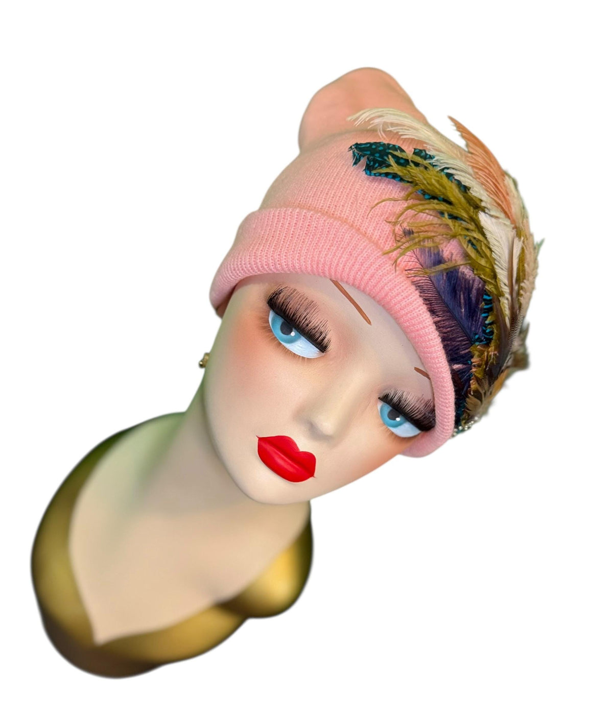 Pink Bumblebee Glam Vintage Jeweled & Fancy Feather Embellished Winter Flapper Beanie