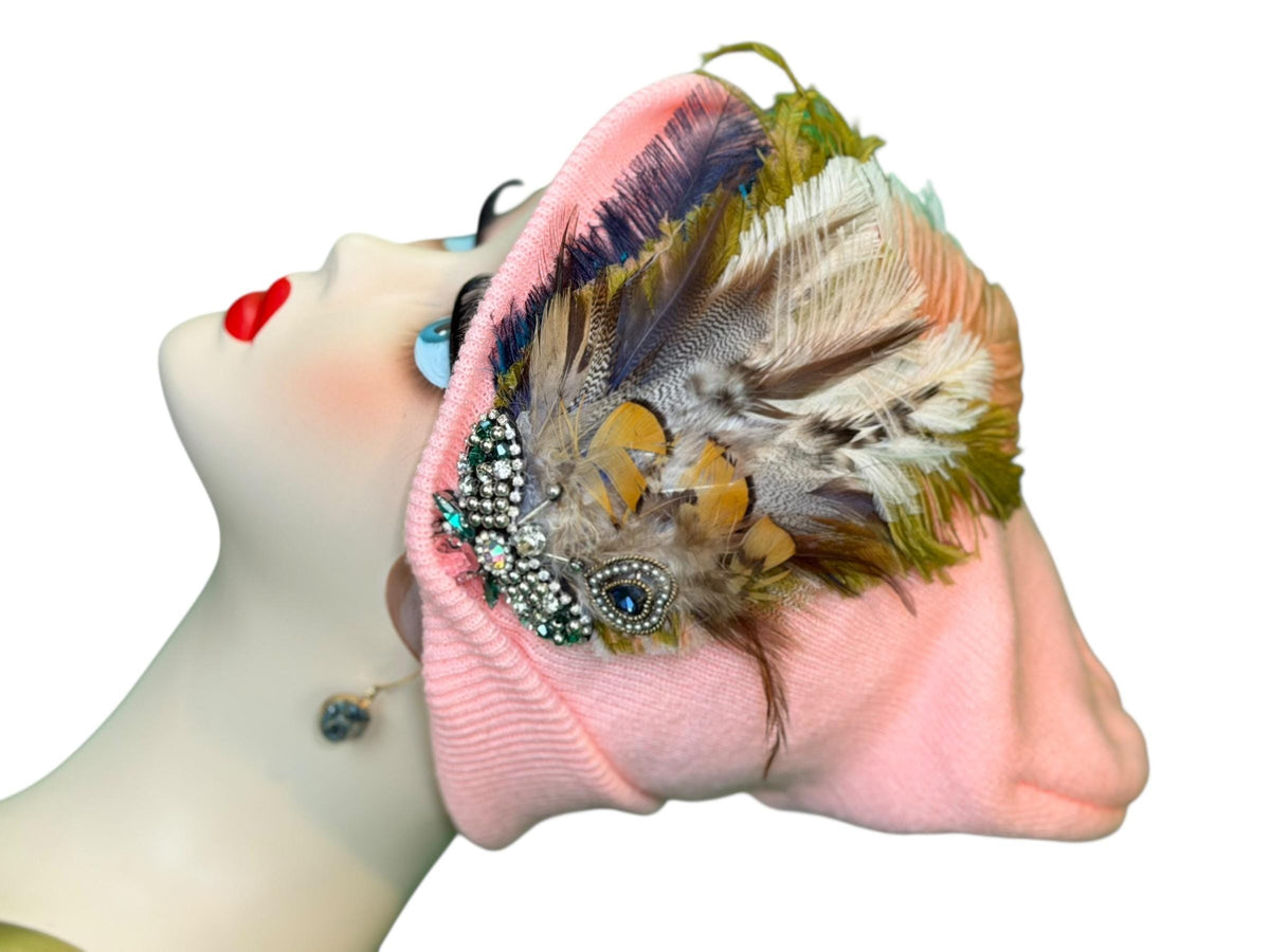 Pink Bumblebee Glam Vintage Jeweled & Fancy Feather Embellished Winter Flapper Beanie