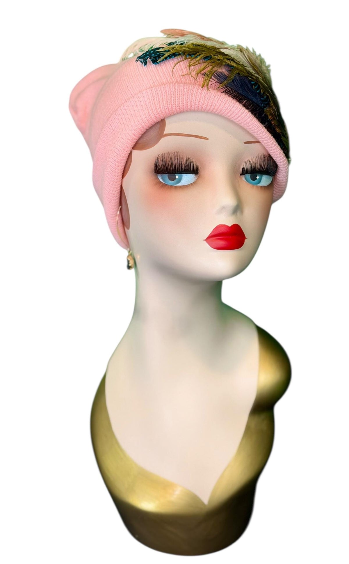 Pink Bumblebee Glam Vintage Jeweled & Fancy Feather Embellished Winter Flapper Beanie