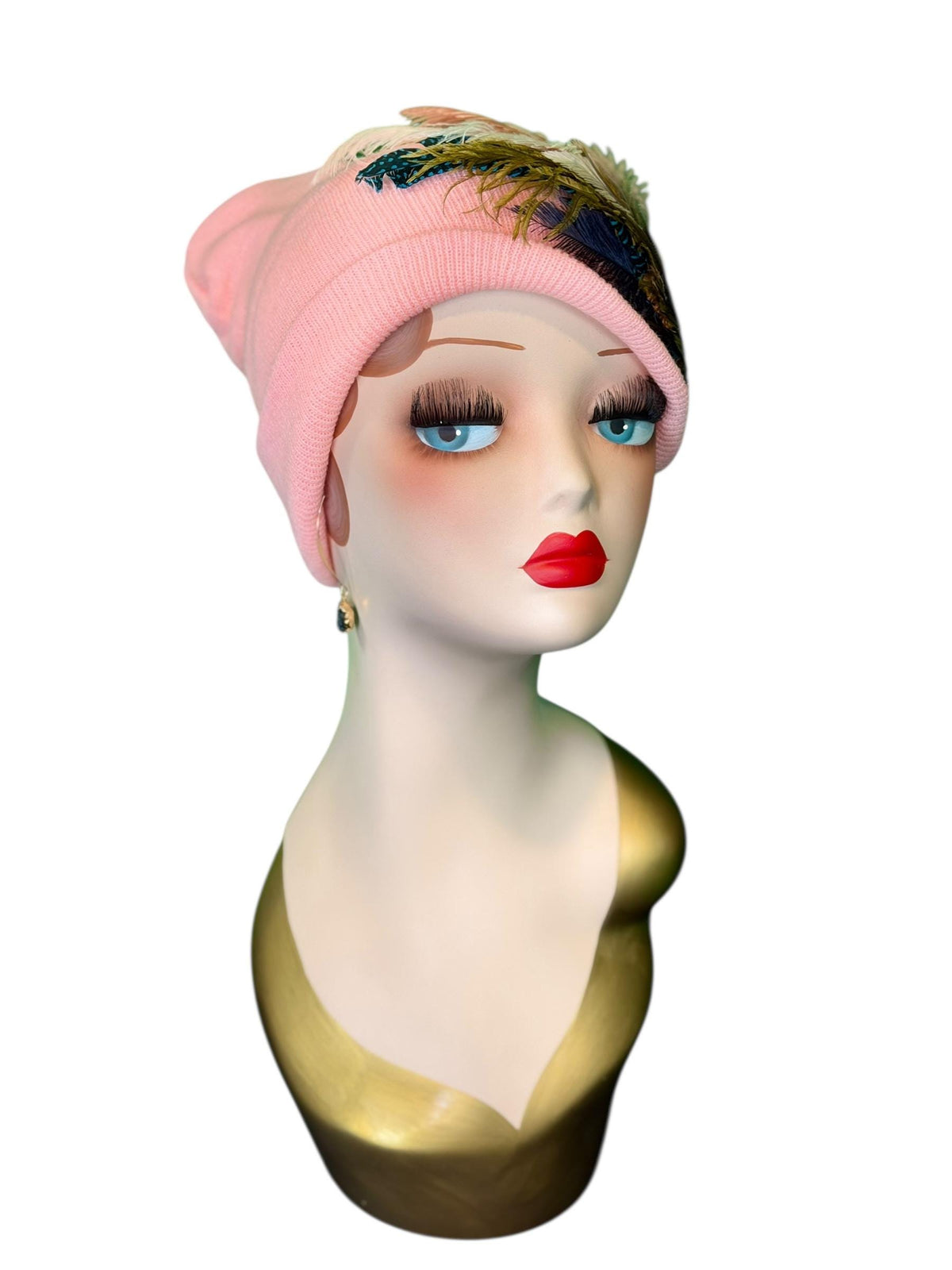 Pink Bumblebee Glam Vintage Jeweled & Fancy Feather Embellished Winter Flapper Beanie