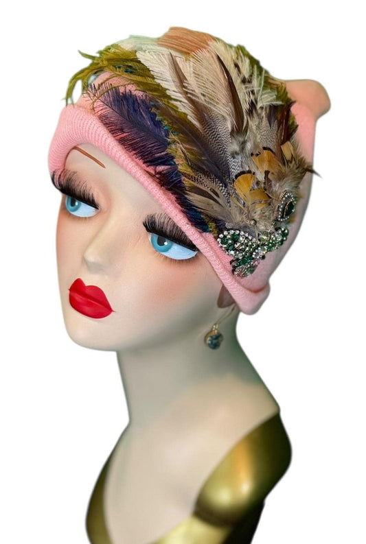 Pink Bumblebee Glam Vintage Jeweled & Fancy Feather Embellished Winter Flapper Beanie