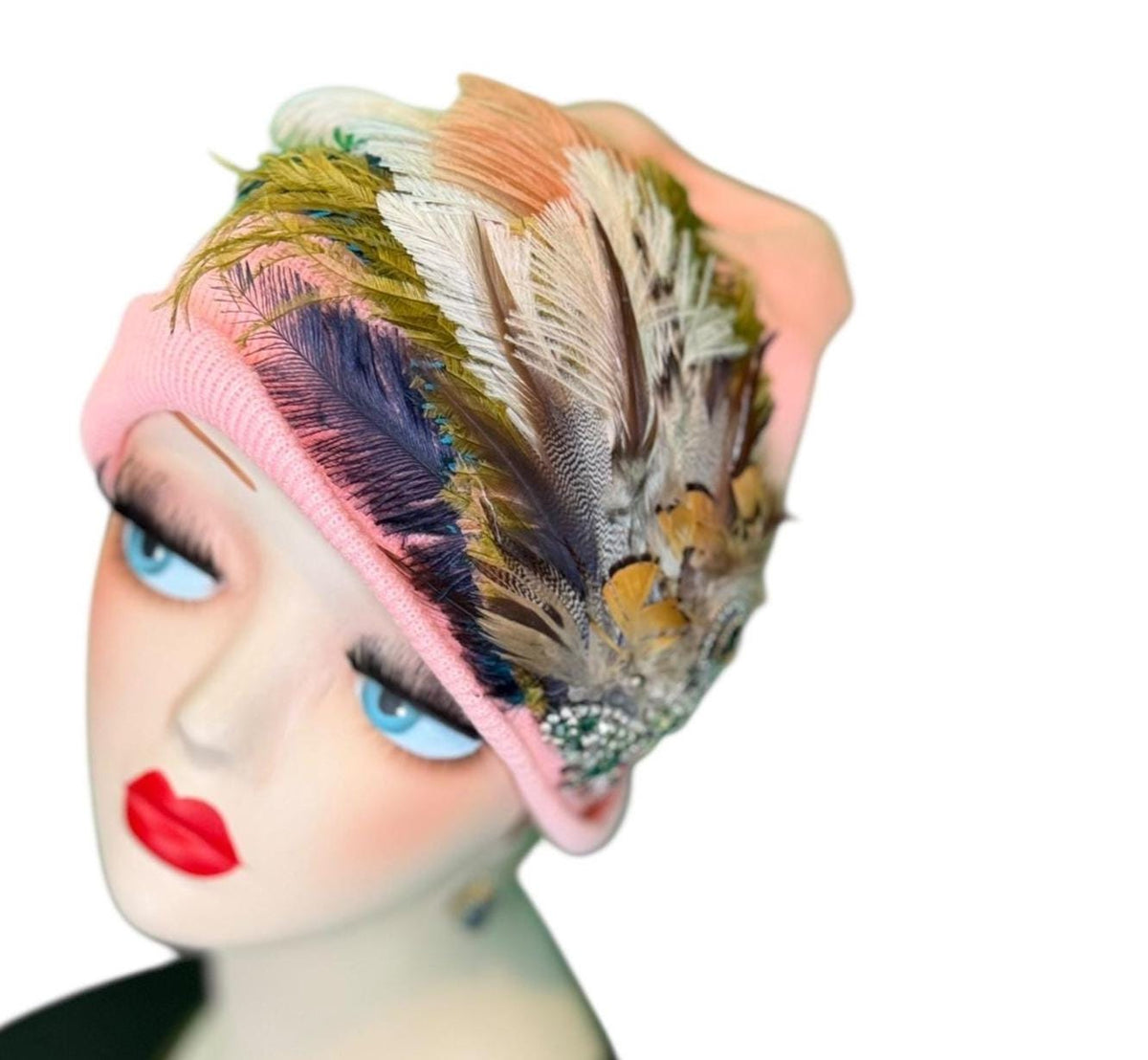 Pink Bumblebee Glam Vintage Jeweled & Fancy Feather Embellished Winter Flapper Beanie