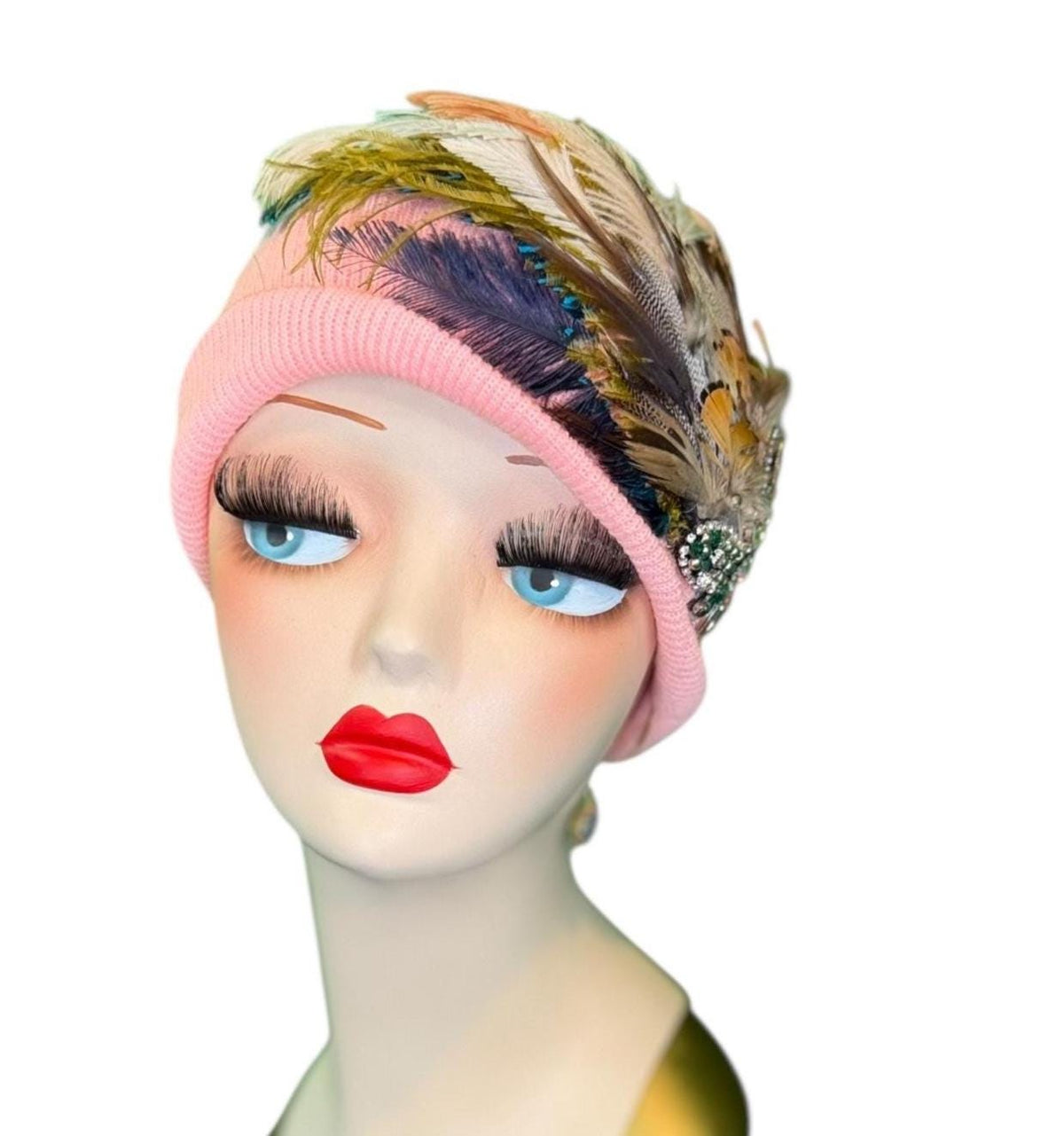 Pink Bumblebee Glam Vintage Jeweled & Fancy Feather Embellished Winter Flapper Beanie