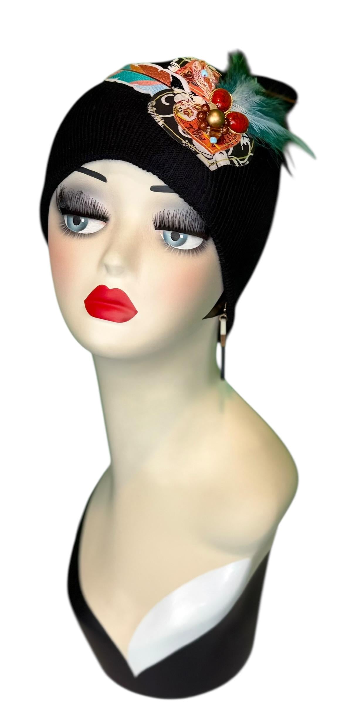 Tribal Night-Time Vibes Patchwork Flapper Designer Feathered Jeweled Embellished Knit Hat Beanie Vintage Boutique Accessory