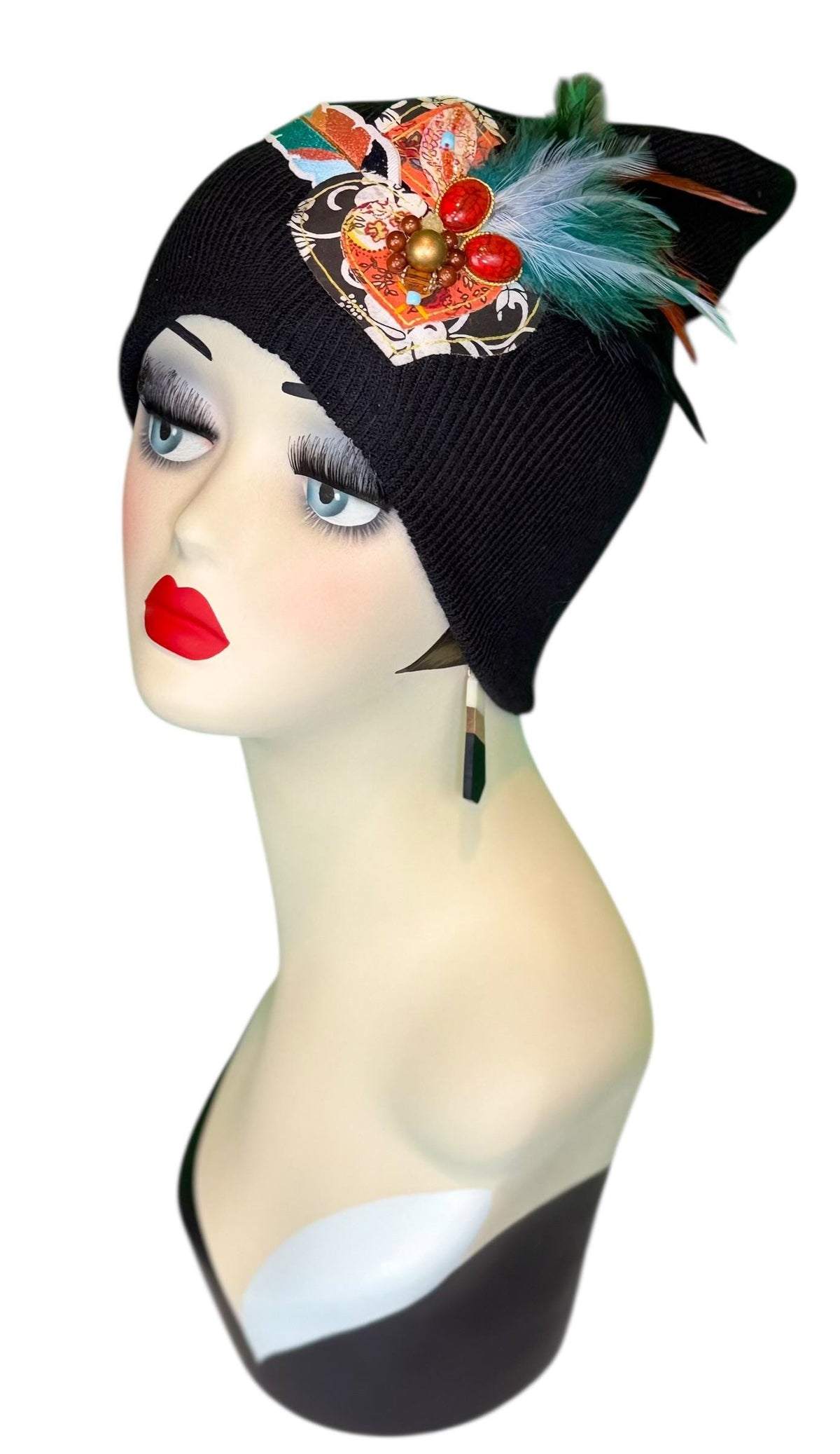 Tribal Night-Time Vibes Patchwork Flapper Designer Feathered Jeweled Embellished Knit Hat Beanie Vintage Boutique Accessory
