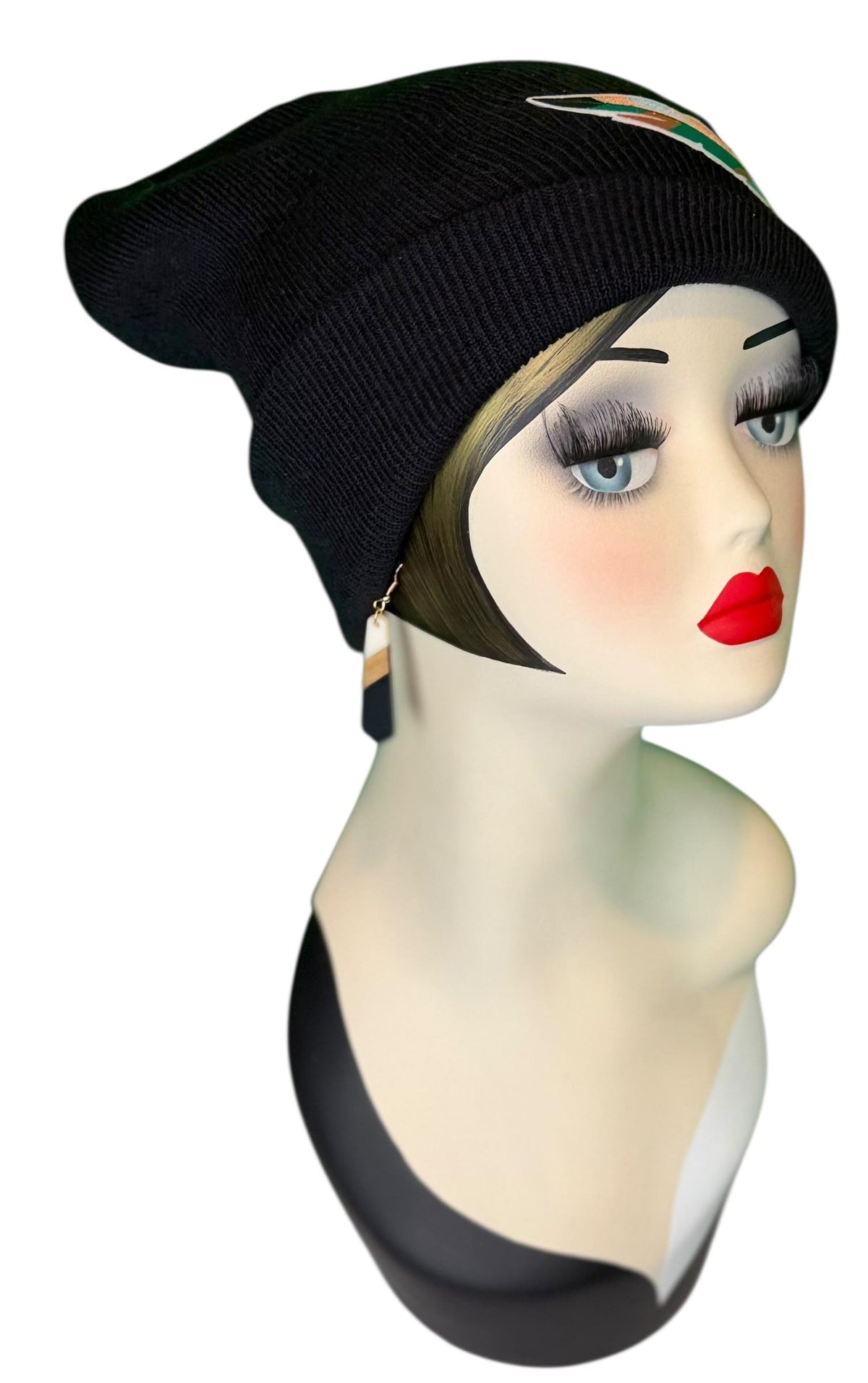 Tribal Night-Time Vibes Patchwork Flapper Designer Feathered Jeweled Embellished Knit Hat Beanie Vintage Boutique Accessory